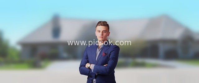 Professional Real Estate Agent Image Against Luxury Residential Background