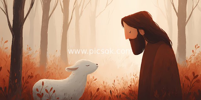 AI Illustration of Jesus and the Lamb in a Serene Forest Prayer Scene