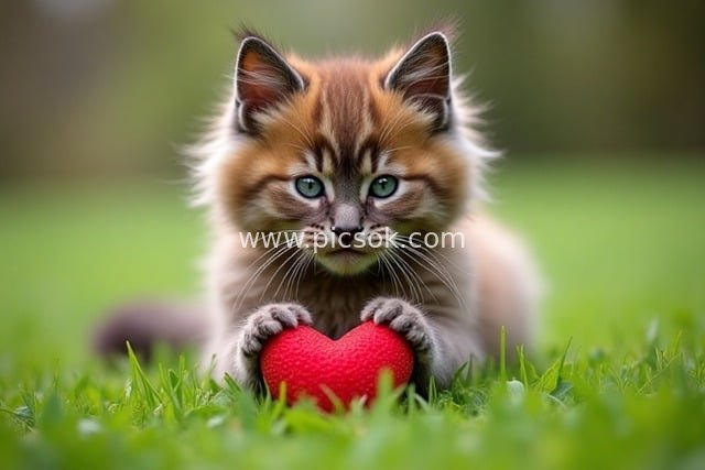 可爱幼猫抱红心 情人节浪漫草地场景
