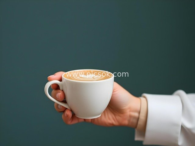 Hand Holding a White Coffee Cup: Warm Latte Drink and Aromatic Atmosphere