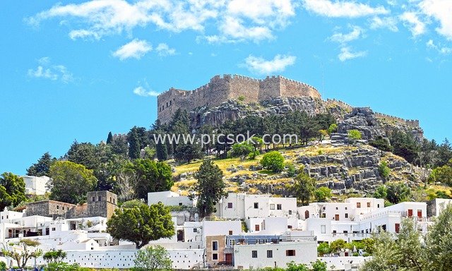 Scenery of Lindos Castle and White Villages in Rhodes, Greece