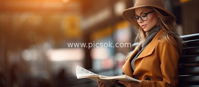 Stylish Urban Woman Reading on Subway Platform in Autumn