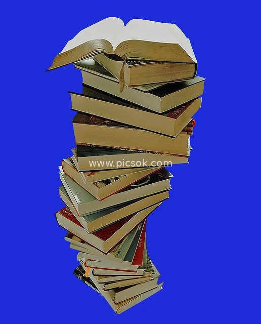 Stacked Reading Books and an Open Book Against a Blue Background