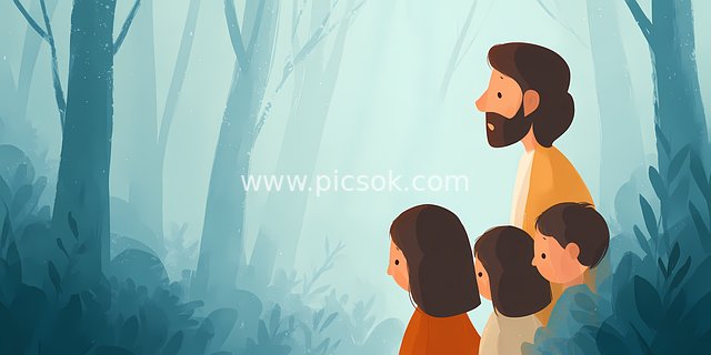 耶稣与孩童森林祈祷 神圣宁静的信仰场景