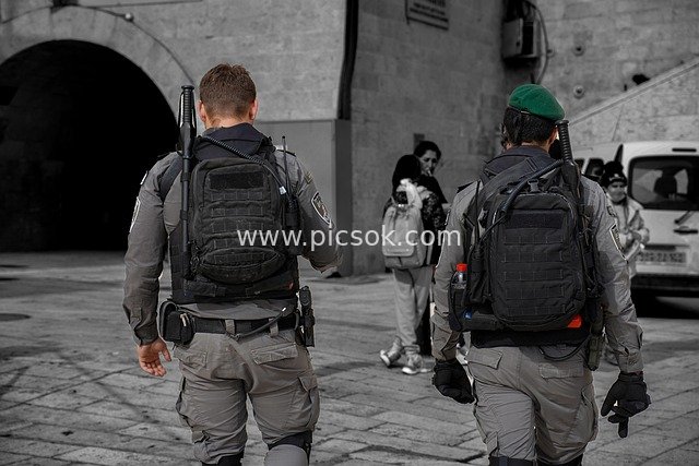 户外军警执行安保任务 装备齐全背影特写