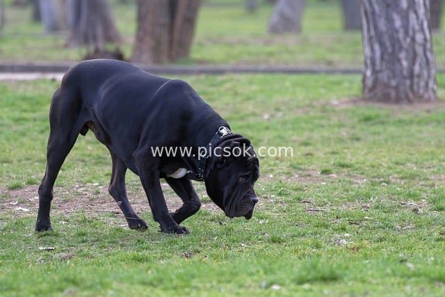 Vibrant Moment of a Large Black Dog Sniffing and Exploring on Park Grass