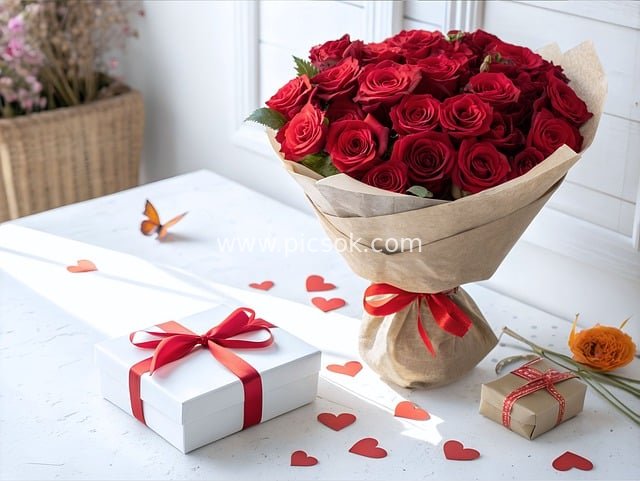 Romantic Valentine's Day Red Rose Bouquet Gift Arrangement Scene