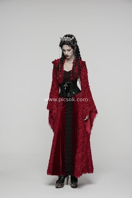 Gothic Dark Style Red Plush Long Dress | Halloween Witch Fashion Look