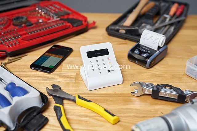 SumUp Payment Terminal and Payment Tools Scene on a Woodworking Workbench