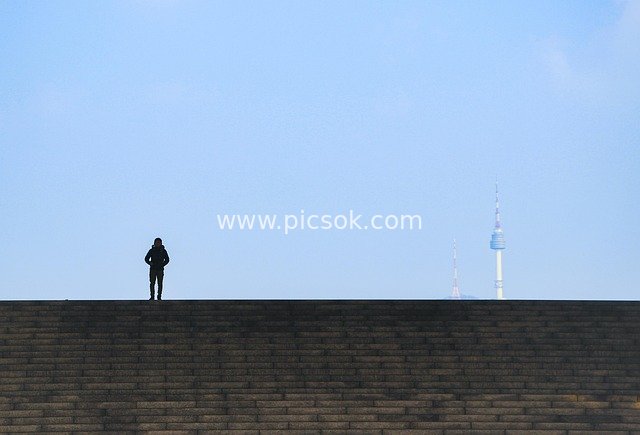 Silhouette of a Figure on a Stone Platform in Seoul with a Distant View of N Seoul Tower