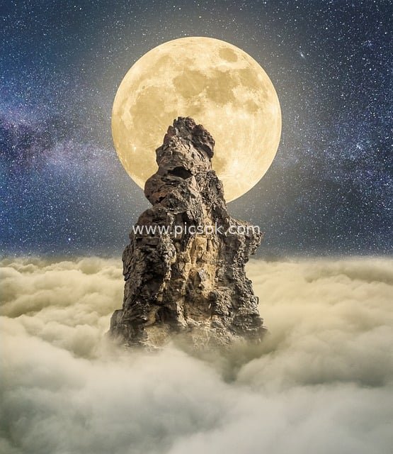 孤峰穿云海 满月映璀璨星空 奇幻太空场景