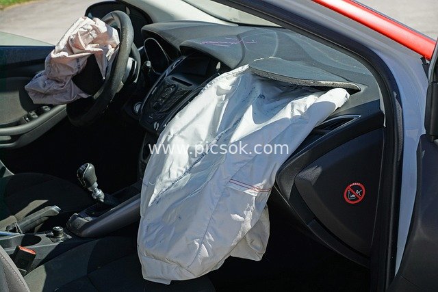 Real Shot of Car Interior Accident Scene with Airbags Deployed After Collision