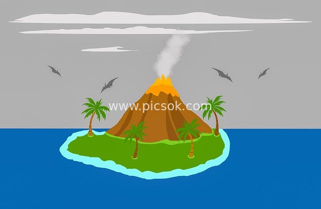 史前火山喷发岛屿 翼龙翱翔热带海洋场景