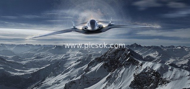 Fantasy Sci-Fi Spaceship Flying Over Snow-Capped Mountains at High Altitude