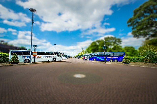 Bus Parking Lot Road Scene in Miniaturized Tilt-Shift Perspective