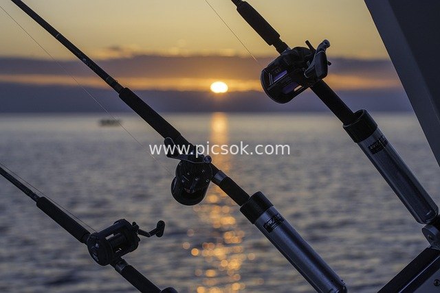 Boat Fishing Scene at Sea Sunset: Professional Fishing Rods and Ocean Dusk Landscape