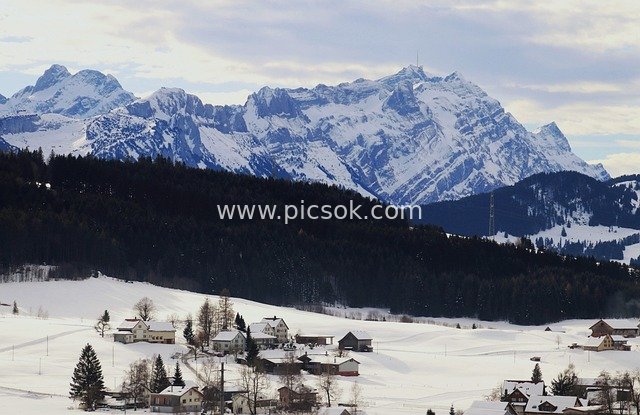 Winter Snow Scenery of the Säntis Region: Alpine Villages Under Snow-Capped Mountains