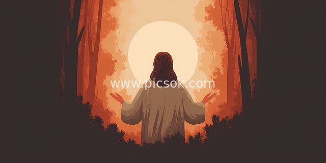 森林中祈祷的耶稣：神圣宁静的信仰场景