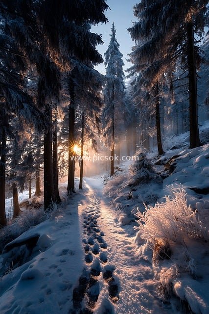 冬季森林雪径 金色阳光静谧雪景