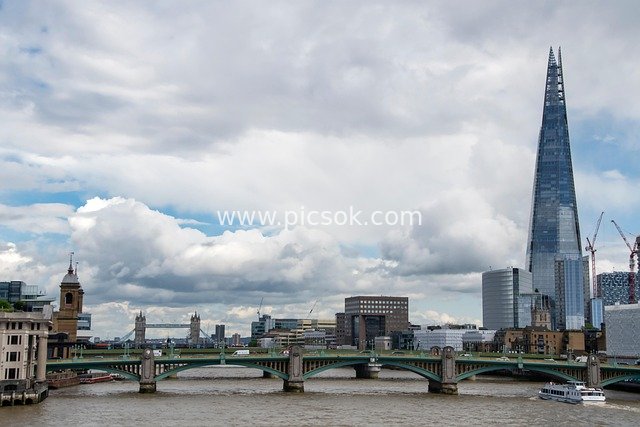 Landscape of Landmark Buildings and Bridges Along the River Thames in London