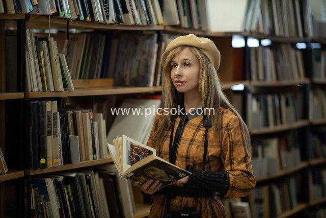 Vintage Female Journalist Reading in a Library Scene