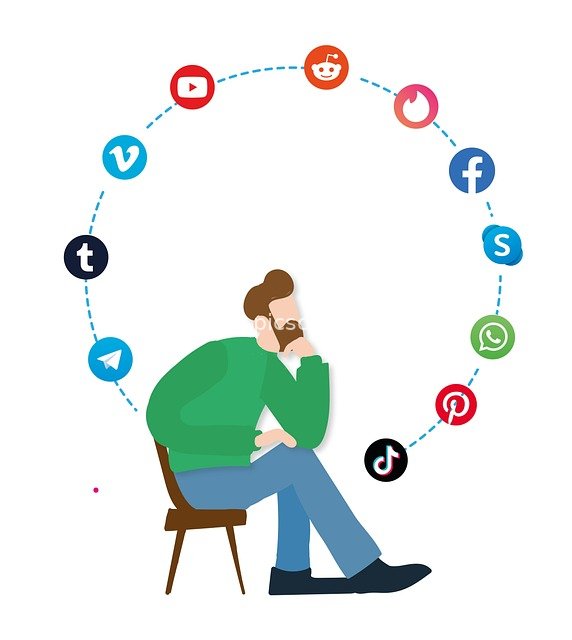 Man Contemplating on a Chair with Surrounding Social Platform Icons
