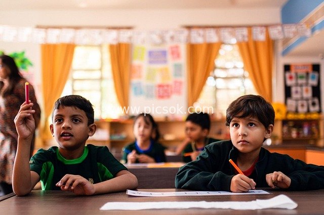 Warm Scene of Students Learning and Interacting in Primary School Classroom