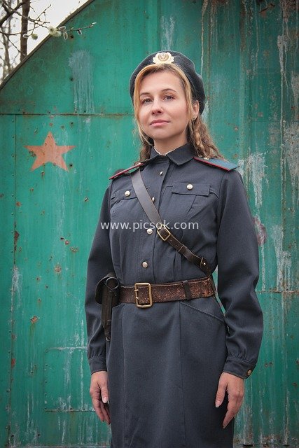 Reenactment Portrait of a Soviet-Era Female Soldier in MVD Military Uniform