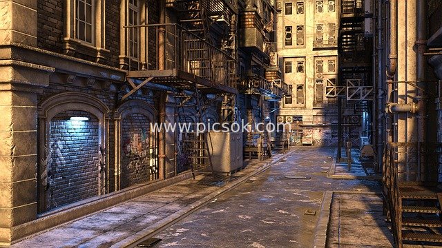 蒸汽朋克城市小巷 复古建筑夜景街景