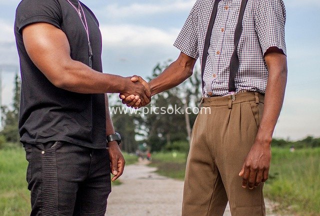 非洲户外男性握手：信任合作的自然场景