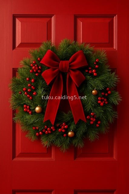 圣诞花环装饰红木门 节日氛围门饰素材