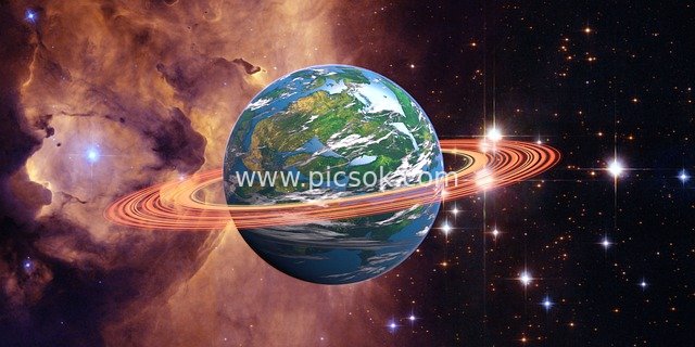 Sci-Fi Space Universe Starry Sky Image of Earth with Rings