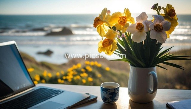 Remote Work by the Spring Seaside: Laptop, Coffee, and Daffodils
