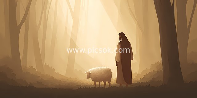耶稣与羊在森林晨光中祈祷 宁静神圣基督教场景