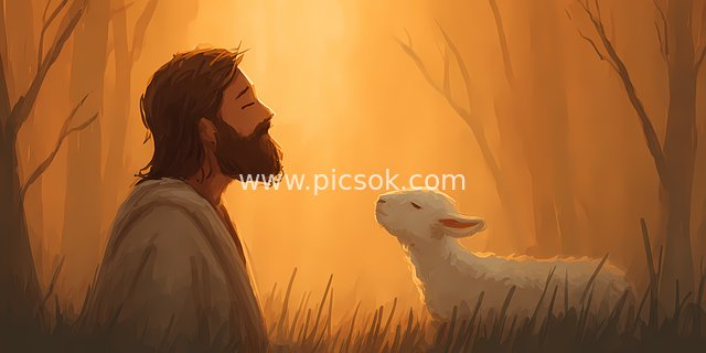 Jesus Praying in the Forest: A Faith Scene with the Holy Lamb