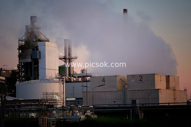 Industrial Plant at Dusk: Factory Scene with Chimneys Emitting Smoke