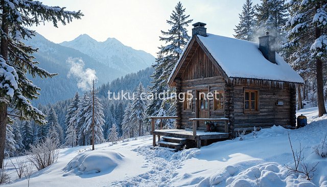 冬日雪景山间木屋 静谧自然治愈风景图