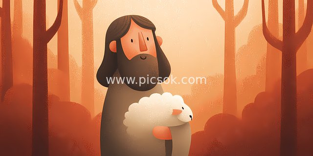 Serene Forest Scene with Jesus Holding a Lamb - Christian Art Illustration