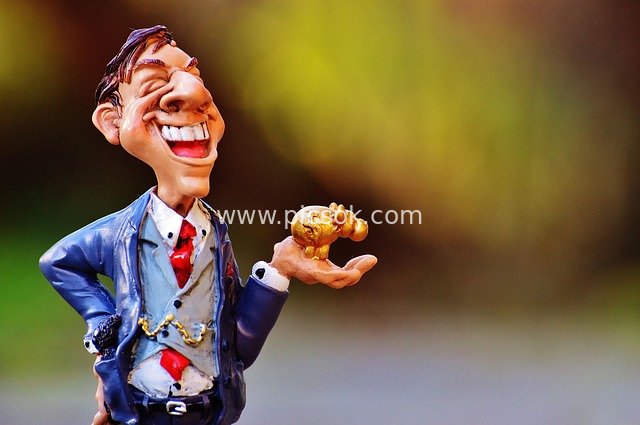 Exaggerated Financial Businessman Statue Holding a Golden Pig to Symbolize Wealth and Profit