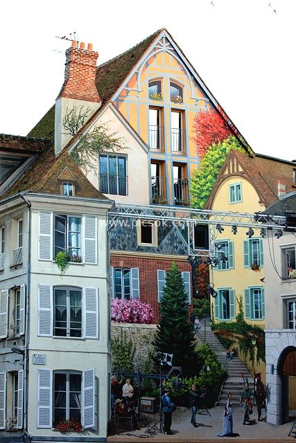 Colorful Painted Buildings & Retro Street Art Scene in Old European City