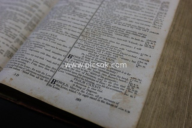 Close-Up of Vintage Open Old Bible Page (Religious Scripture Book)