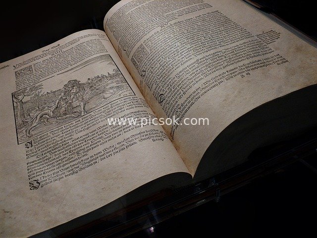 Medieval Religious Manuscript | Yellowed Pages | Woodcut Illustrations | Sacred Text