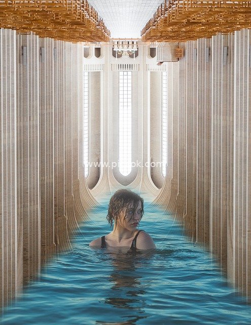 woman, young, pool, wet, turned away, water, symbolism, cathedral, church, altar, upside down, inverted, depression, trance, averted, stare, marriage, turmoil, upset, emotion, divorce, sadness, doom, 
