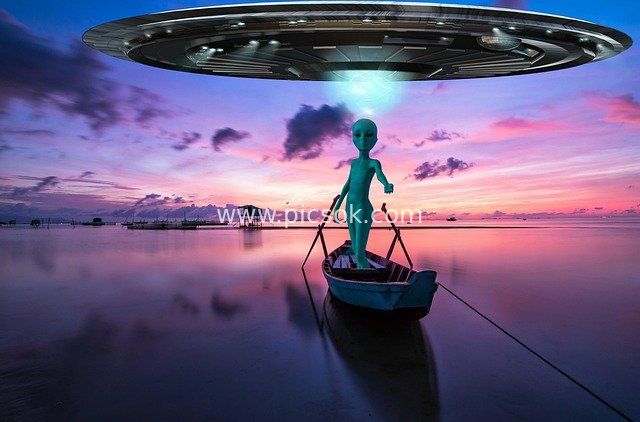 Fantasy Scene of an Alien Boating on a Sunset Lake Beneath a UFO
