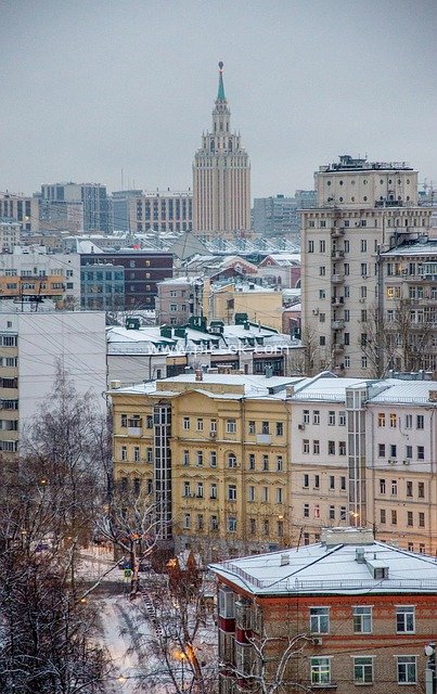 Panoramic View of Snow-Covered Buildings in Moscow's Winter Cityscape