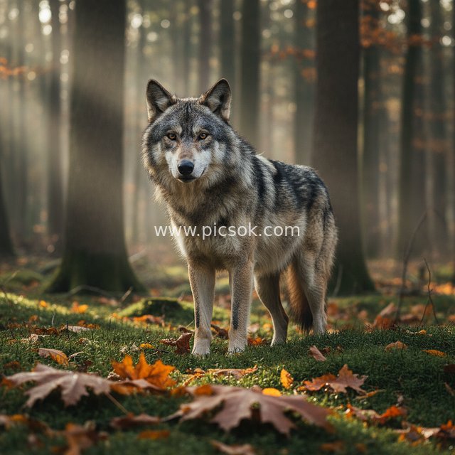 秋日森林中威严的灰狼野生动物摄影图