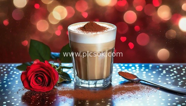Romantic Scene with Red Rose and Latte Macchiato