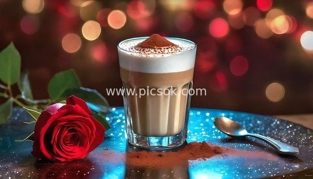 Cozy Beverage Scene with Romantic Roses and Latte