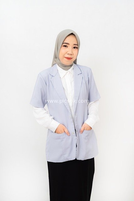 Muslim Woman in Light Blue Suit Outfit with Gray Hijab (Student Image)