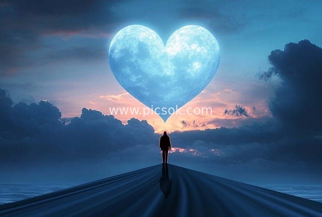 孤独身影眺望心形月亮的超现实日落风景